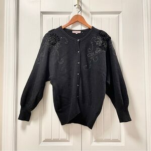 Vintage Lambswool Angora Knit Button Up Embellished Cardigan Black - M
